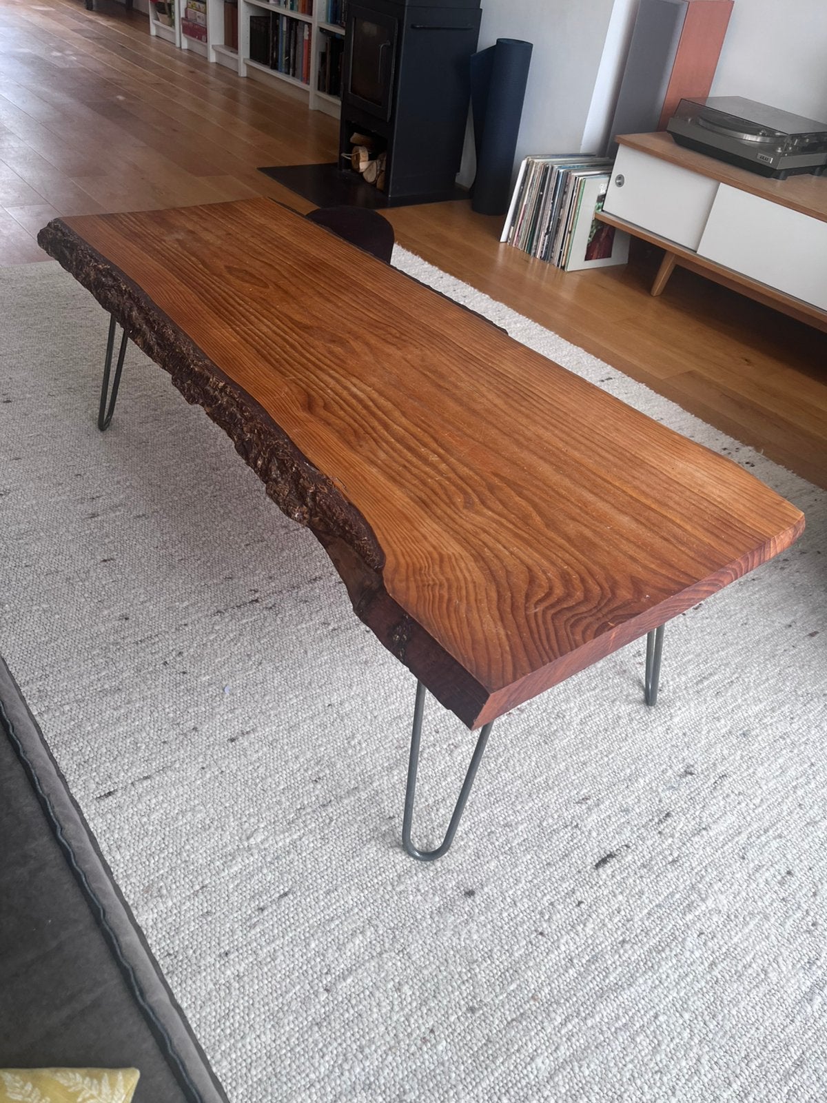 Massief houten salontafel van boomstam, Ophalen, Gebruikt, 100 tot 150 cm, 50 tot 100 cm