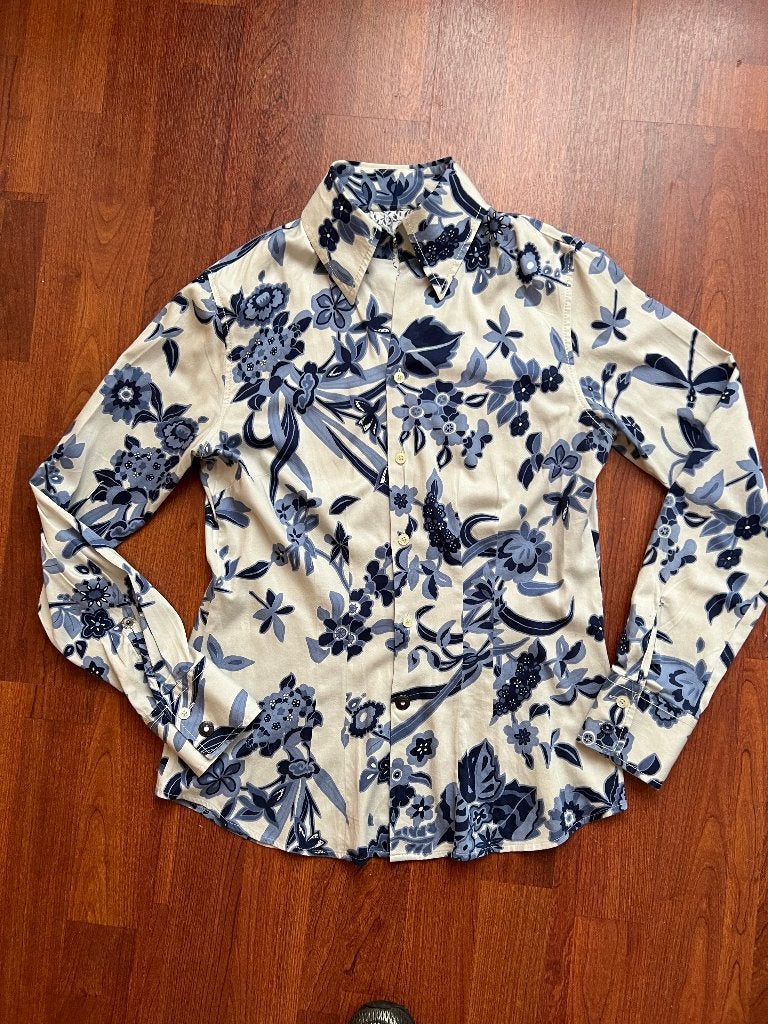 Overhemd blouse Hans Ubbink Delfts blauw maat 40, Blauw, Zo goed als nieuw, Hans ubbink, Ophalen