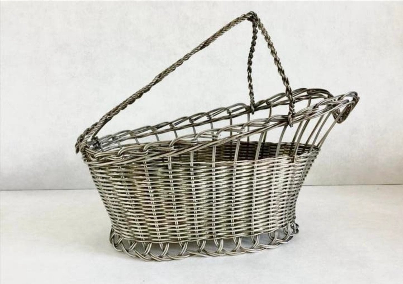 Vintage zilverkleurige draadmand met handvat voor fles wijn, Ophalen of Verzenden, Ovaal, Overige materialen