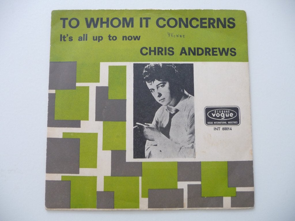 single CHRIS ANDREWS - TO WHOM IT CONSERNS - Vogue Rec, 1965, Cd's en Dvd's, Vinyl Singles, Gebruikt, 7 inch, Ophalen of Verzenden