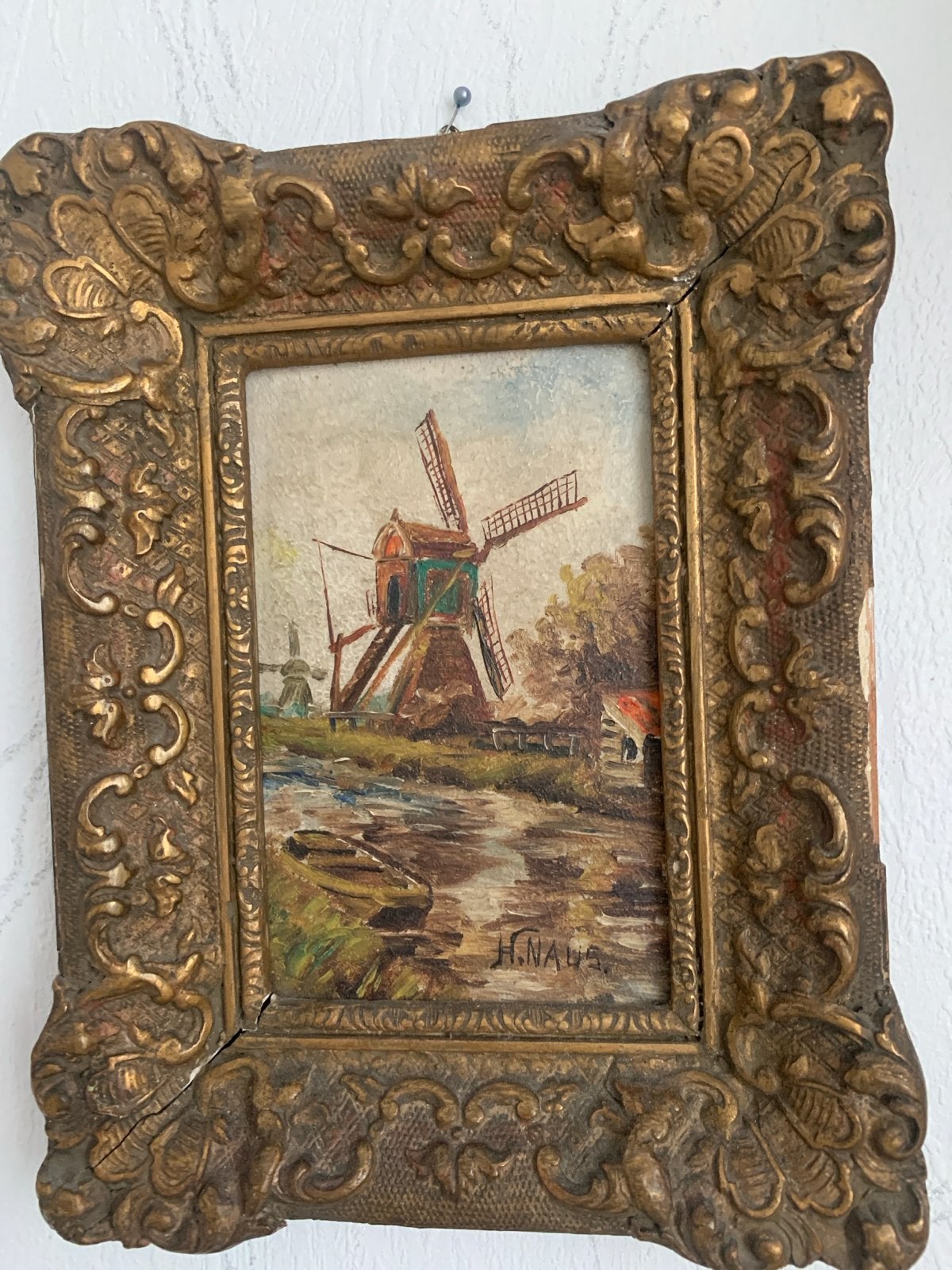 Oud Hollands molenlandschap schilderij met lijst, Paneel, Oud hollands, Ophalen of Verzenden, Gesigneerd