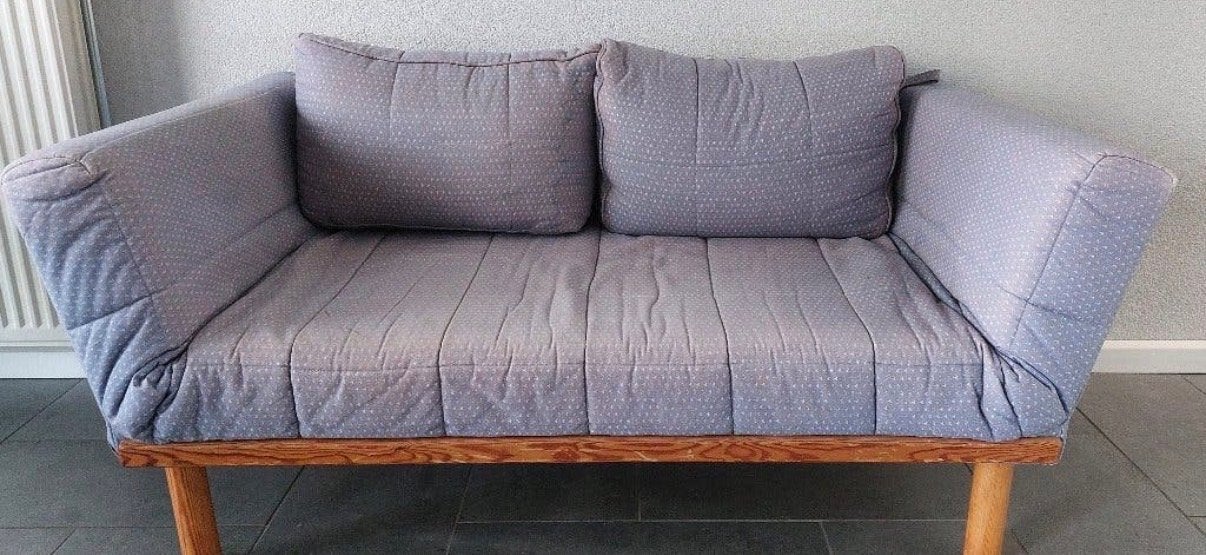 Vintage slaapbank / daybed met houten frame, Huis en Inrichting, Ophalen, Gebruikt, Blauw, Tweepersoons
