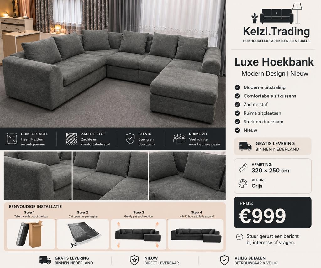Luxe Hoekbank 320*250 cm | Grijs | Nieuw | Gratis Levering, Huis en Inrichting, Banken | Bankstellen, 100 tot 125 cm, Hoekbank