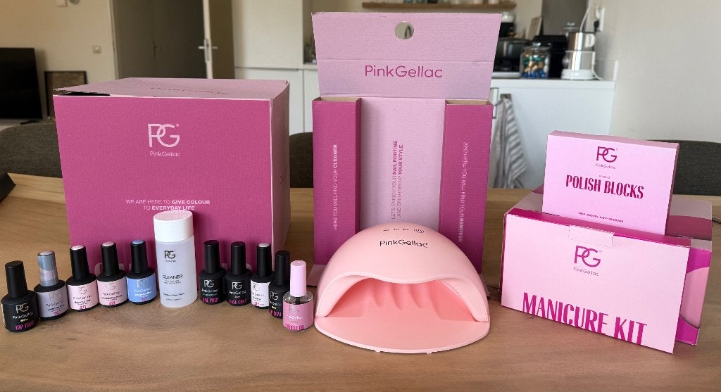 Complete PinkGellac Set - LED lamp, 5 kleuren en accessoires, Overige kleuren, Ophalen of Verzenden, Zo goed als nieuw, Handen en Nagels