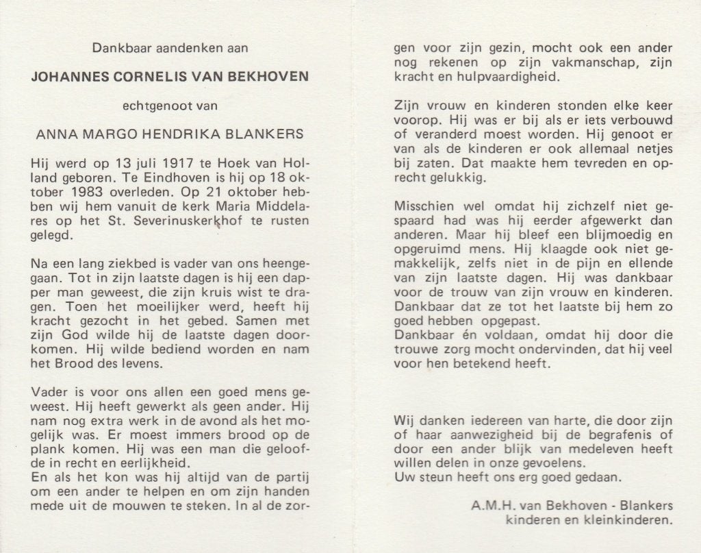 van bekhoven-blankers 1983, Ophalen of Verzenden, Bidprentje