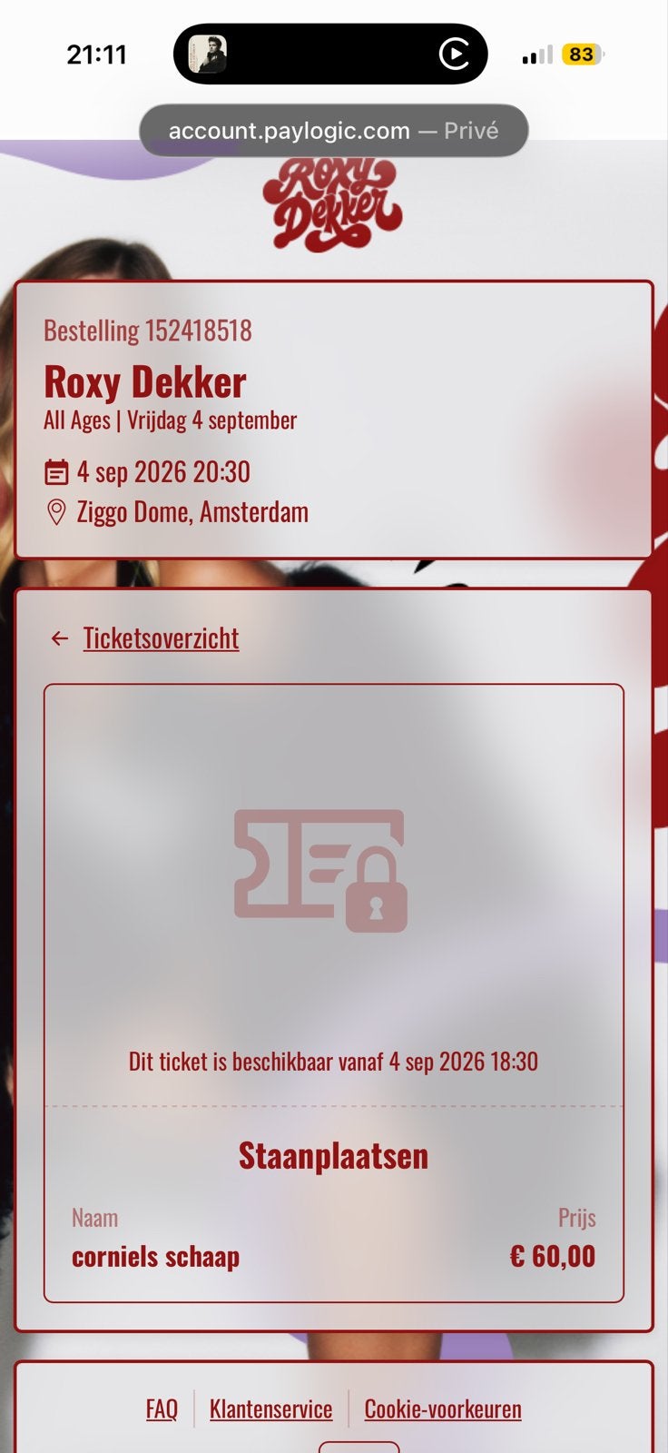 Roxy Dekker ticket 4 september, Tickets en Kaartjes, Eén persoon, September