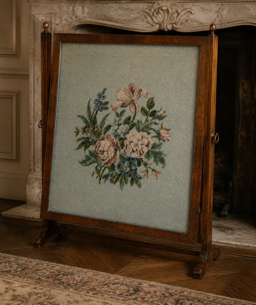Antiek mahonie haardscherm met geborduurde roze rozen, Ophalen of Verzenden