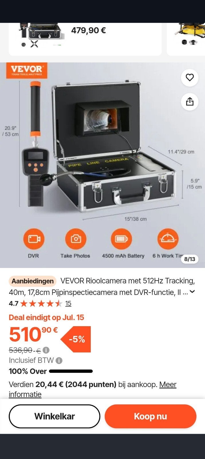 Vevor Rioolcamera Pijpinspectiecamera met DVR-functie, Ophalen, Zo goed als nieuw