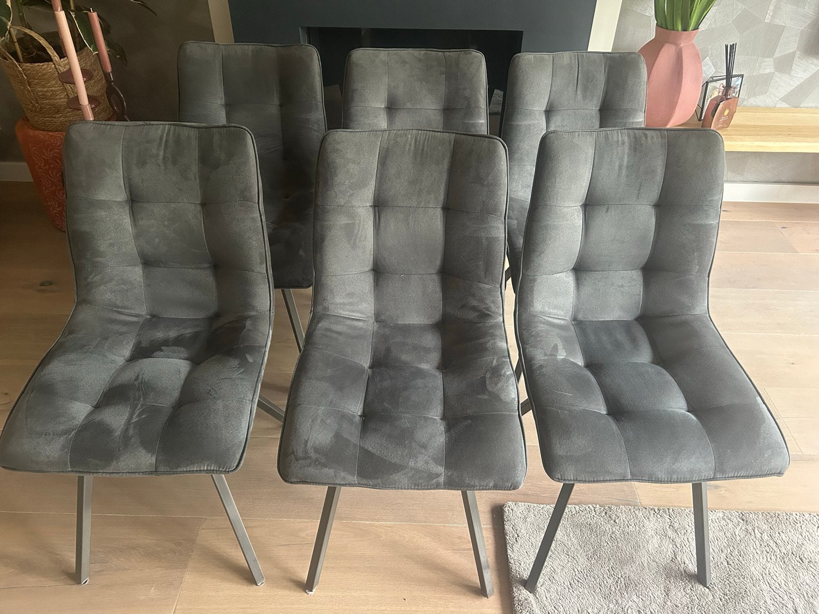 Set van 6 grijze eetkamerstoelen met metalen poten, Ophalen, Gebruikt, Metaal, Grijs