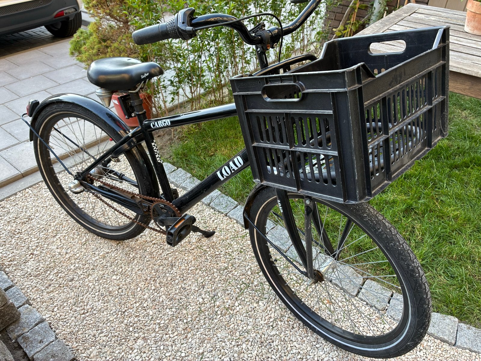 Kinderfiets 24“Zwarte transportfiets met krat - Gebruikt, Fietsen en Brommers, Fietsen | Kinderfietsjes, Ophalen, Gebruikt, Terugtraprem