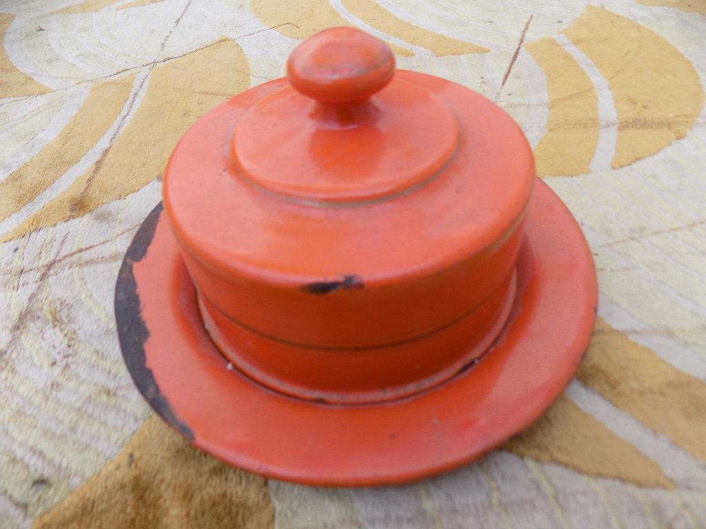 Botervloot emaille oranje vintage brocante decoratie, Antiek en Kunst, Ophalen of Verzenden