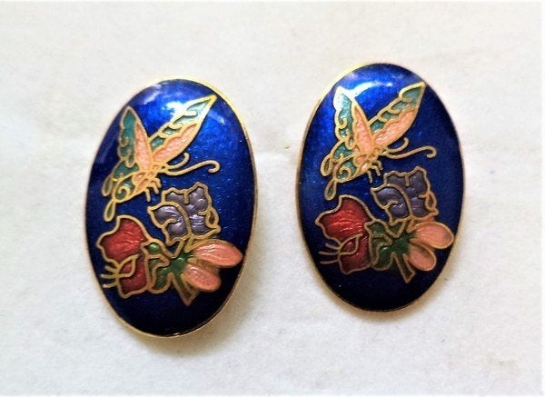 Vintage cloisonne oorbellen blauw met bloemen en vlinder, Ophalen, Zo goed als nieuw, Blauw, Overige materialen
