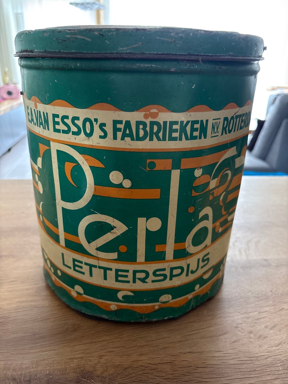 Vintage Perla Letterspijs Blik van E.A. van Esso's Fabrieken, Verzamelen, Ophalen of Verzenden, Gebruikt, Overige, Overige merken
