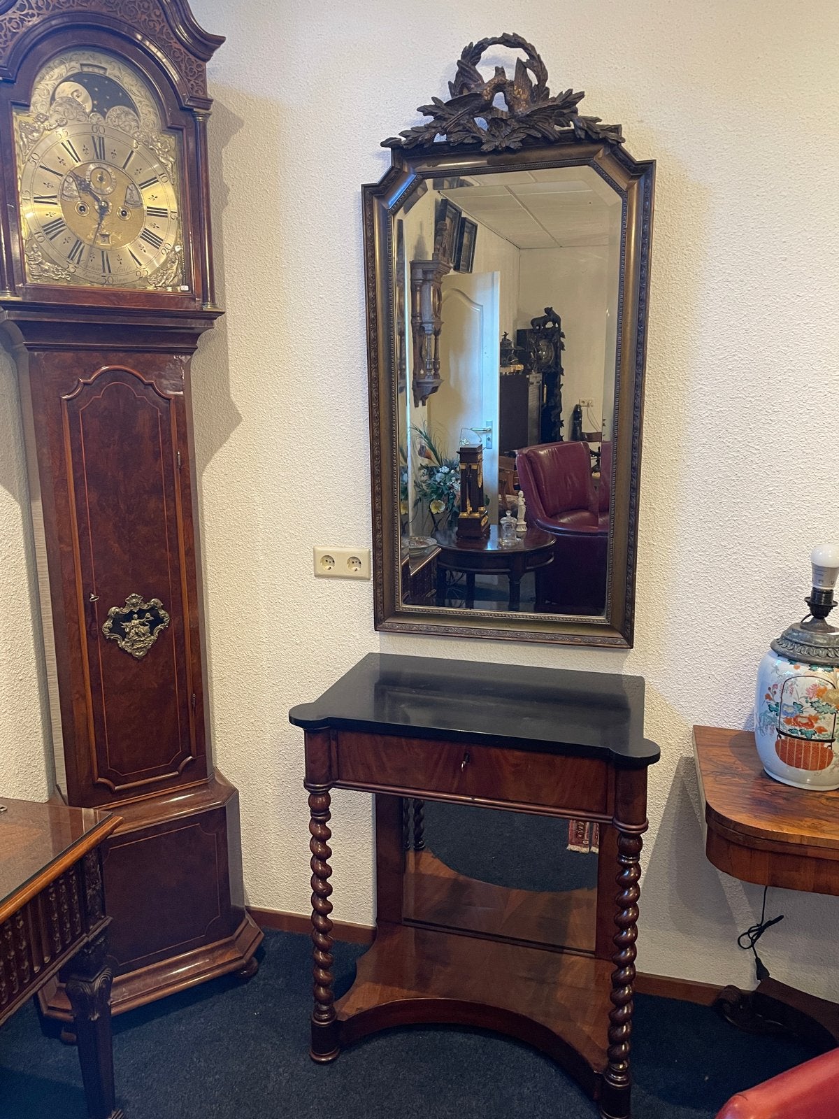 Antieke Mahonie Trumeau met Kuifspiegel, Ophalen, Rechthoekig, 50 tot 100 cm, 150 tot 200 cm