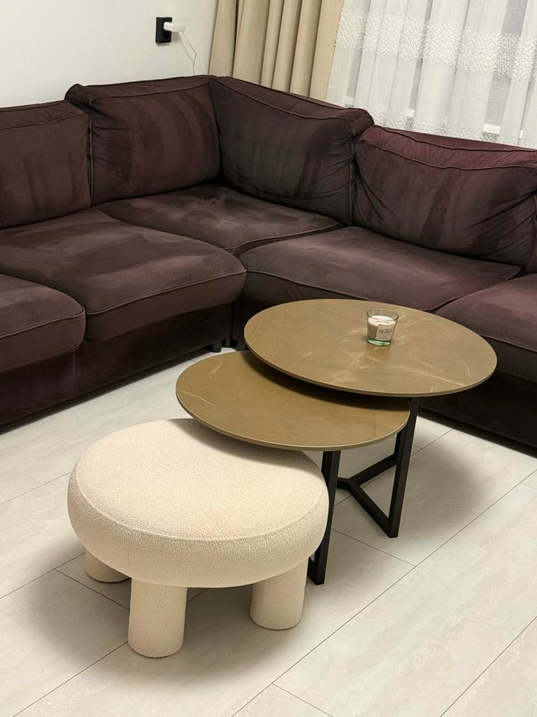 Set van 2 salontafels en een poef, Huis en Inrichting, Tafels | Salontafels, Rond, Zo goed als nieuw, Metaal, Minder dan 50 cm