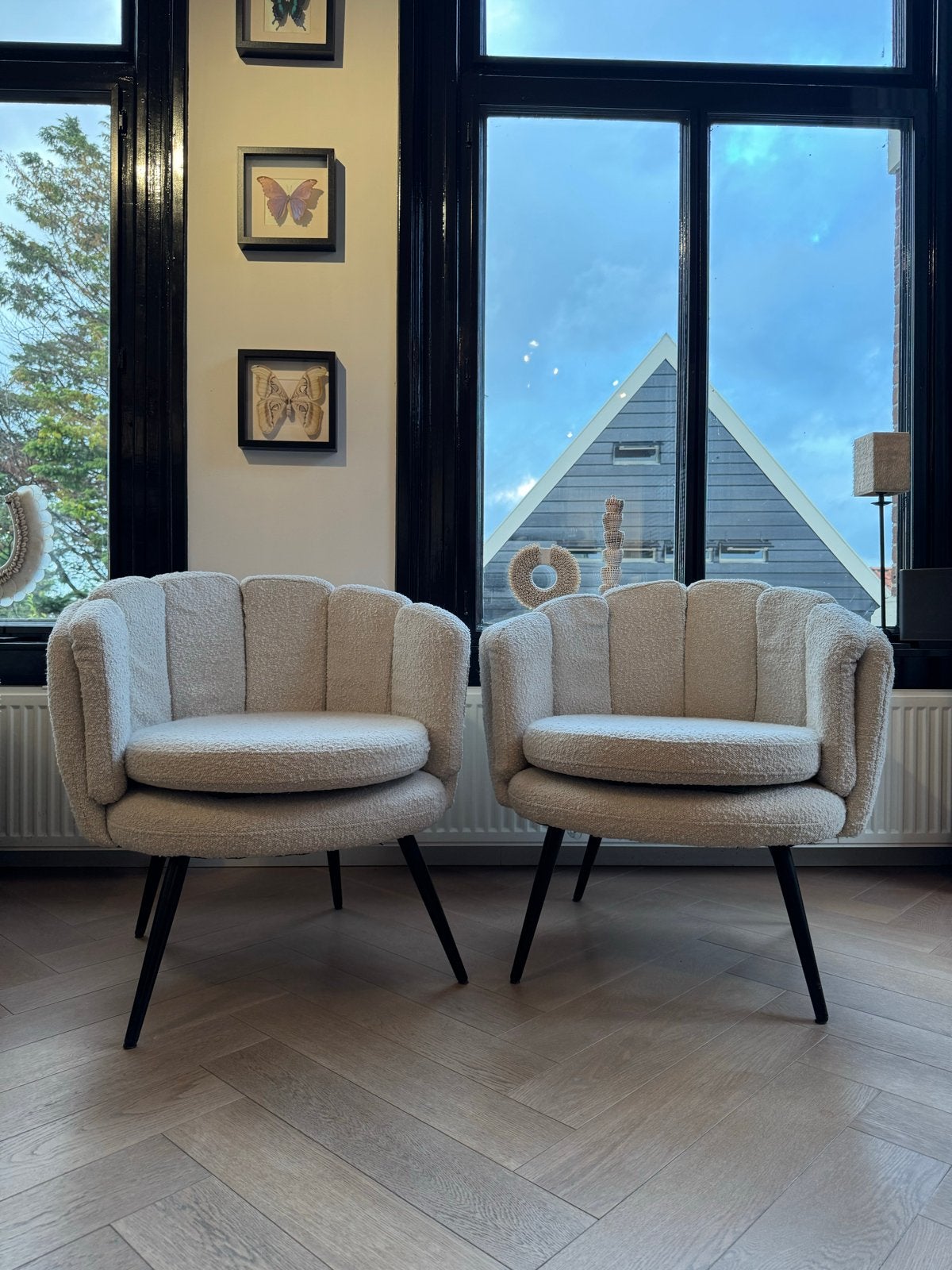 Stijlvolle Bouclé Fauteuil 2x - Crème Wit, Ophalen, Minder dan 75 cm, Zo goed als nieuw, Stof