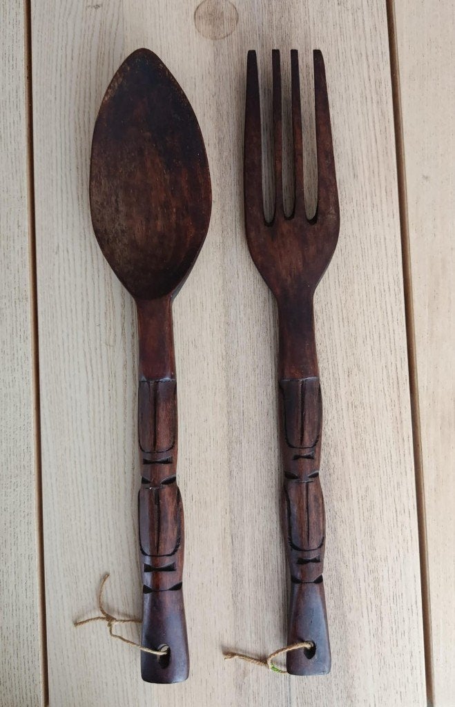 Houten lepel en vork wanddecoratie, Huis en Inrichting, Hout, Vintage, Decoratieobject, Ophalen of Verzenden