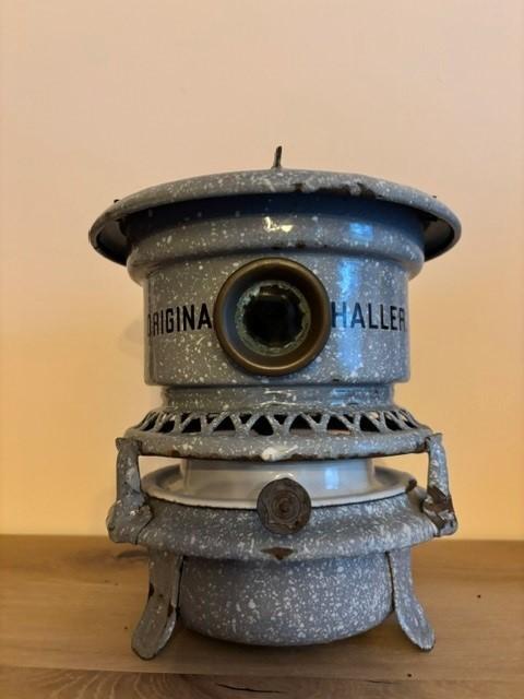 Vintage 'Haller' petroleumstel in grijs gespikkeld emaille, Antiek en Kunst, Antiek | Emaille, Ophalen