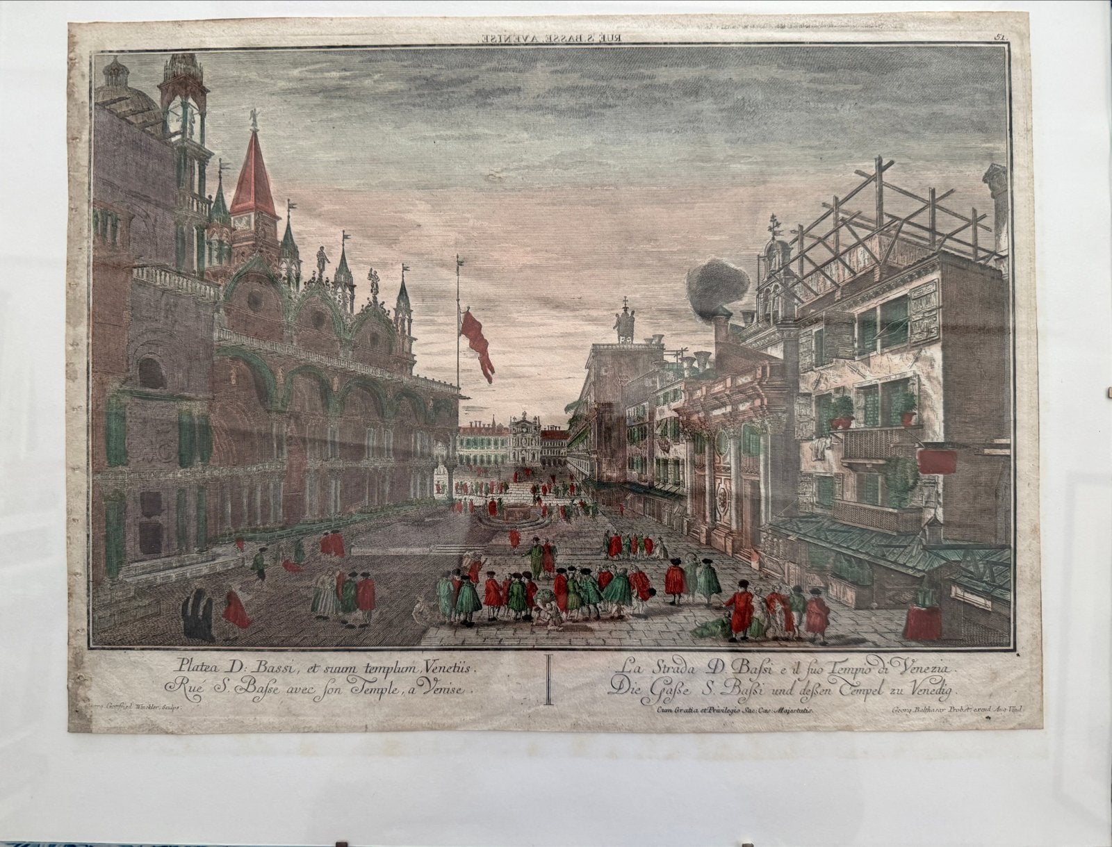 Vue d'optique Venetië - Piazzetta San Basso, Ophalen, Handgekleurd, Stadsgezicht, Gravure