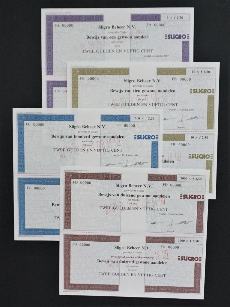 Sligro Beheer N.V. - Veghel 1989  4x, Verzenden, 1970 tot heden, Certificaat van aandeel