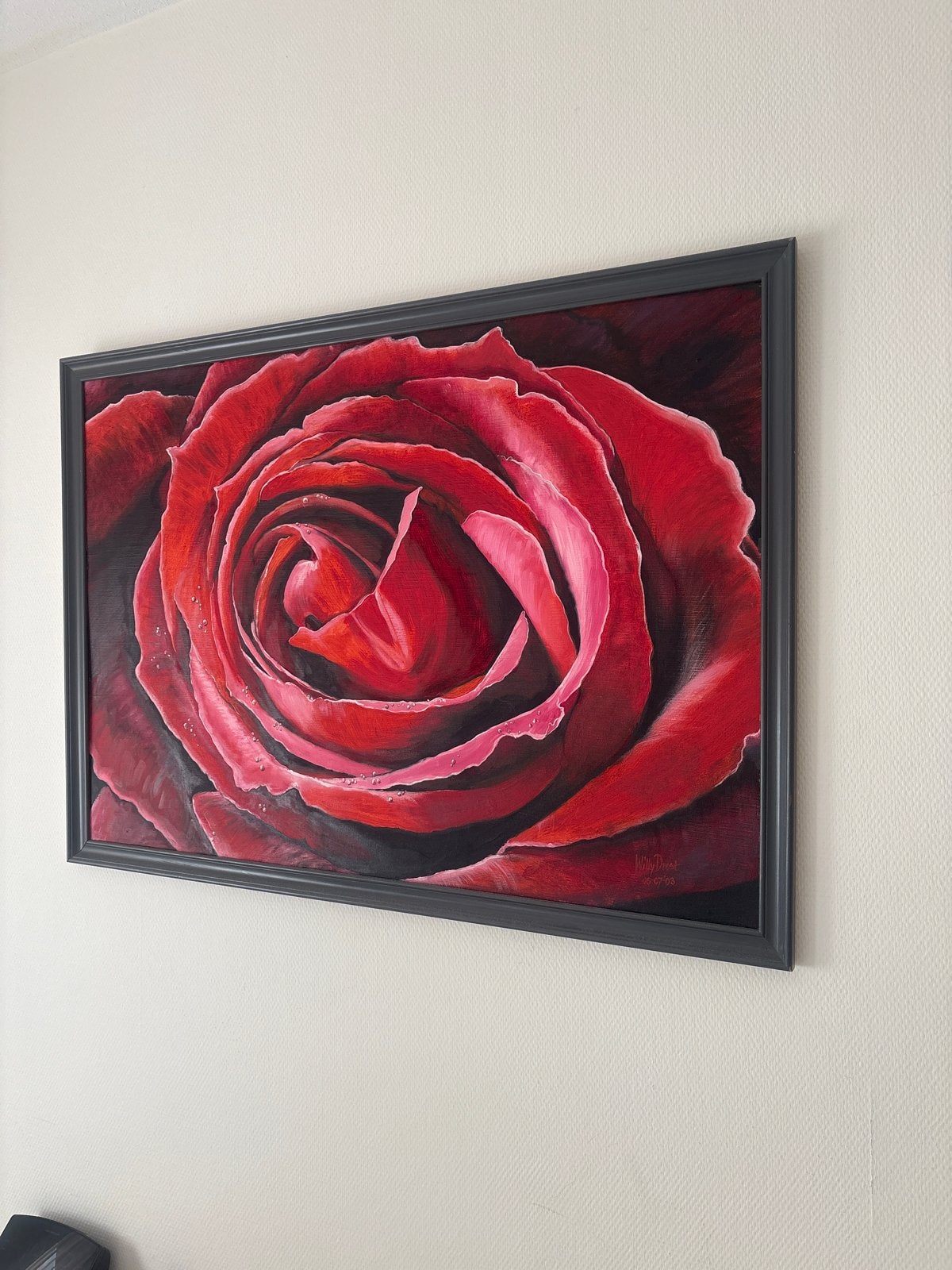 Prachtig roos schilderij, handgeschilderd, olieverf op doek, Doek, Realistisch, Gesigneerd, Olieverf