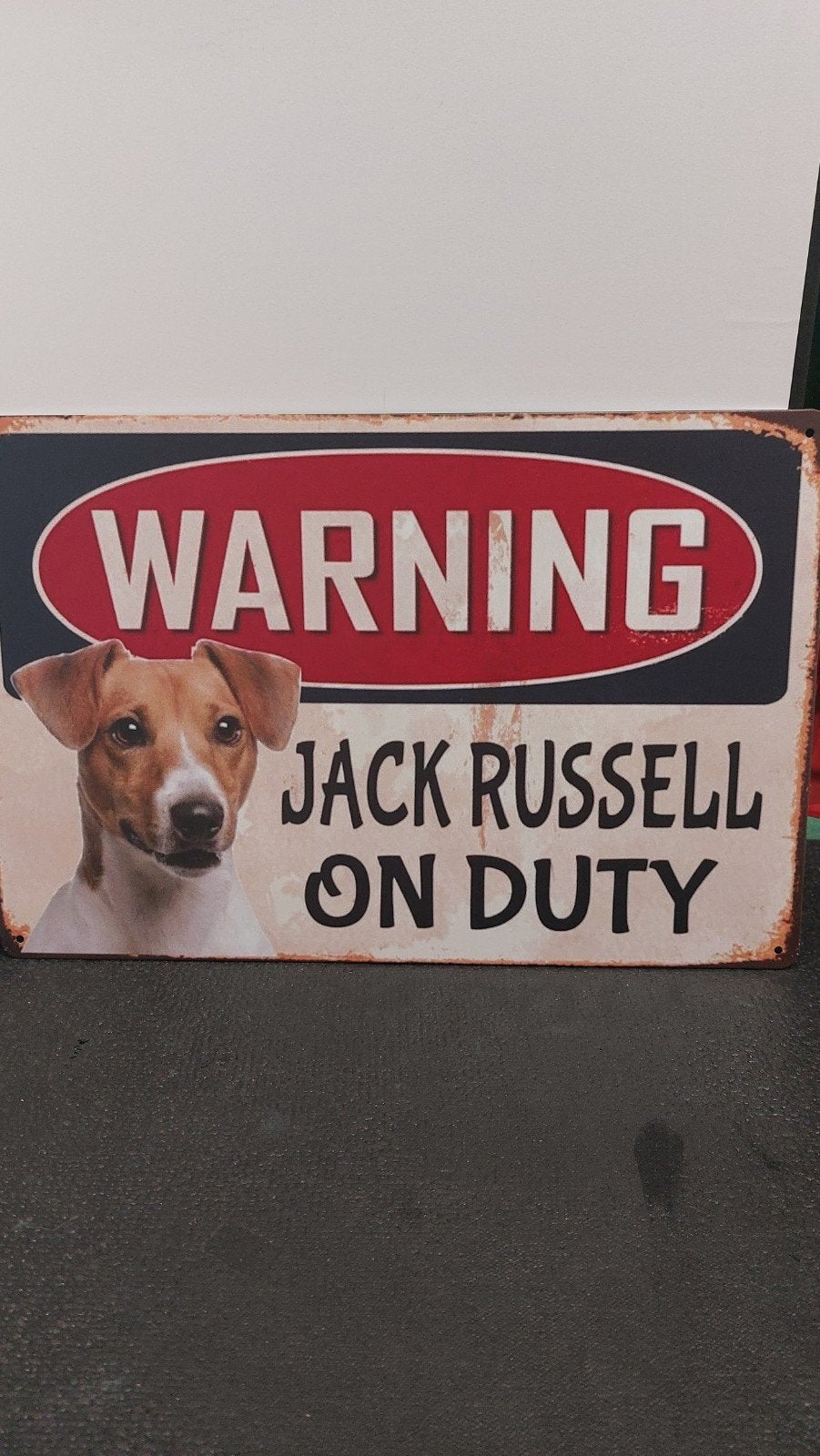 Decoratief bord 'Warning Jack Russell On Duty' 20x30cm, Huis en Inrichting, Vintage, Meerkleurig, Nieuw, Ophalen of Verzenden
