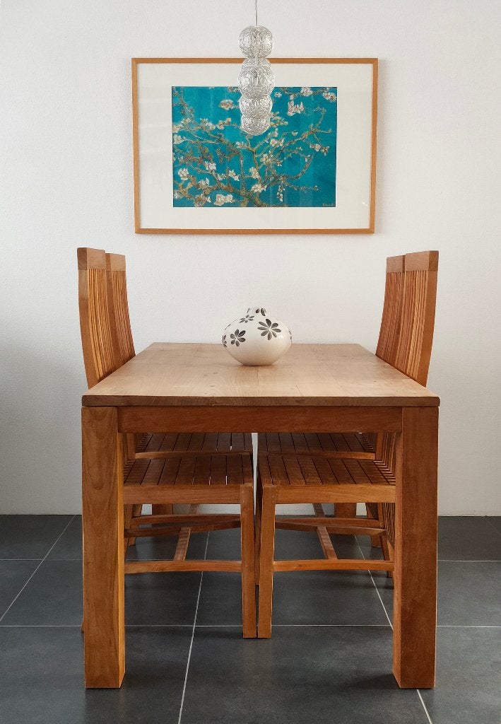 Massieve teak houten tafel en 4 stoelen, Ophalen, Gebruikt, Teakhout, 50 tot 100 cm