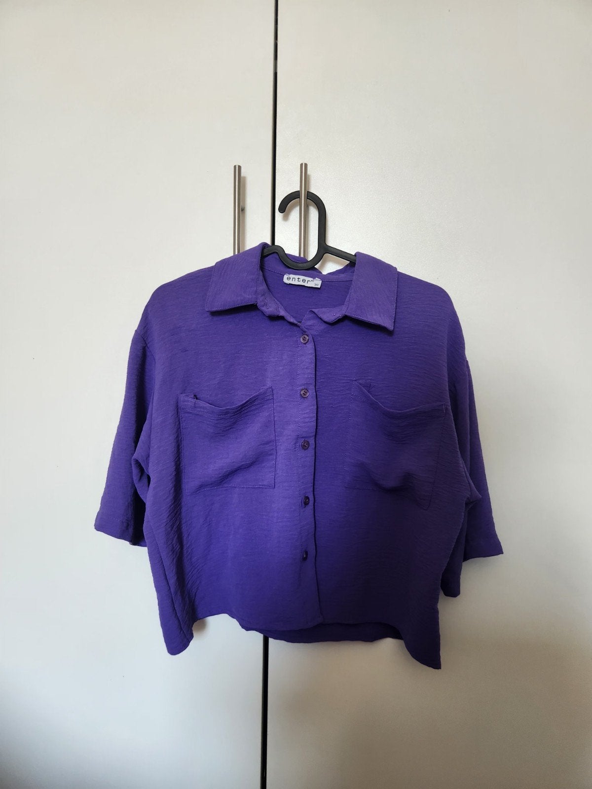 Paarse blouse met korte mouwen en zakken, Maat 38/40 (M), Paars, Ophalen of Verzenden, Onbekend