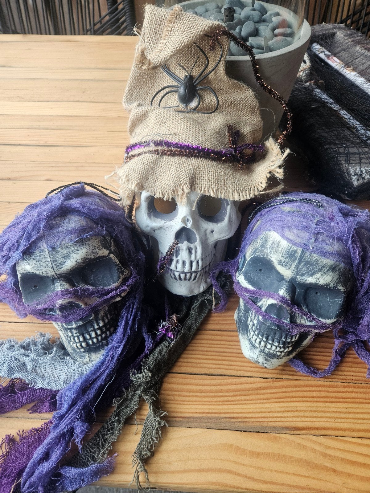 Halloween Decoratie: Skelet Hoofden met Heks Hoed, Ophalen of Verzenden, Gebruikt