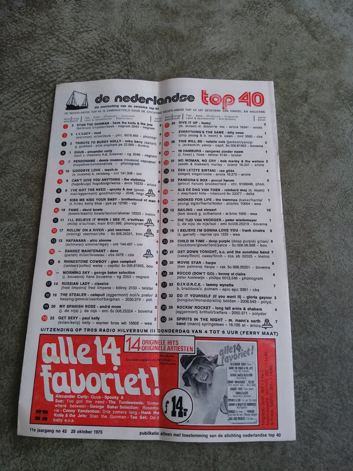 Veronica top 40:   25 okt.  1975, Verzamelen, Ophalen of Verzenden, Zo goed als nieuw, Boek, Tijdschrift of Artikel