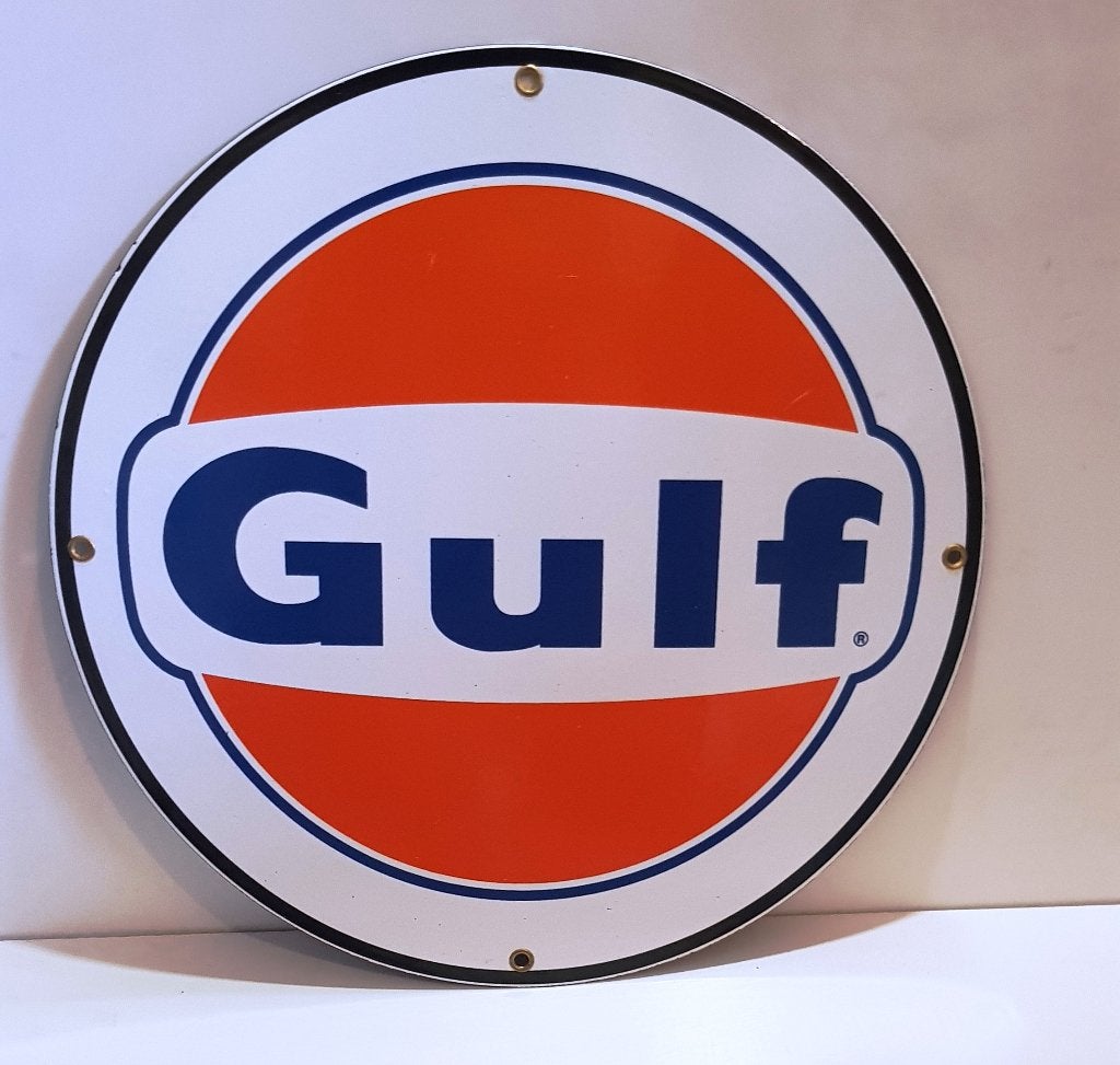 Gulf Racing logo Email op een metalen plaat van 30cm Ø, Verzenden, Zo goed als nieuw, Reclamebord