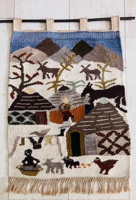 Vintage handgeweven wandkleed Lesotho wol dorpstafereel, Textiel, Decoratieobject, 62 cm, Ophalen of Verzenden