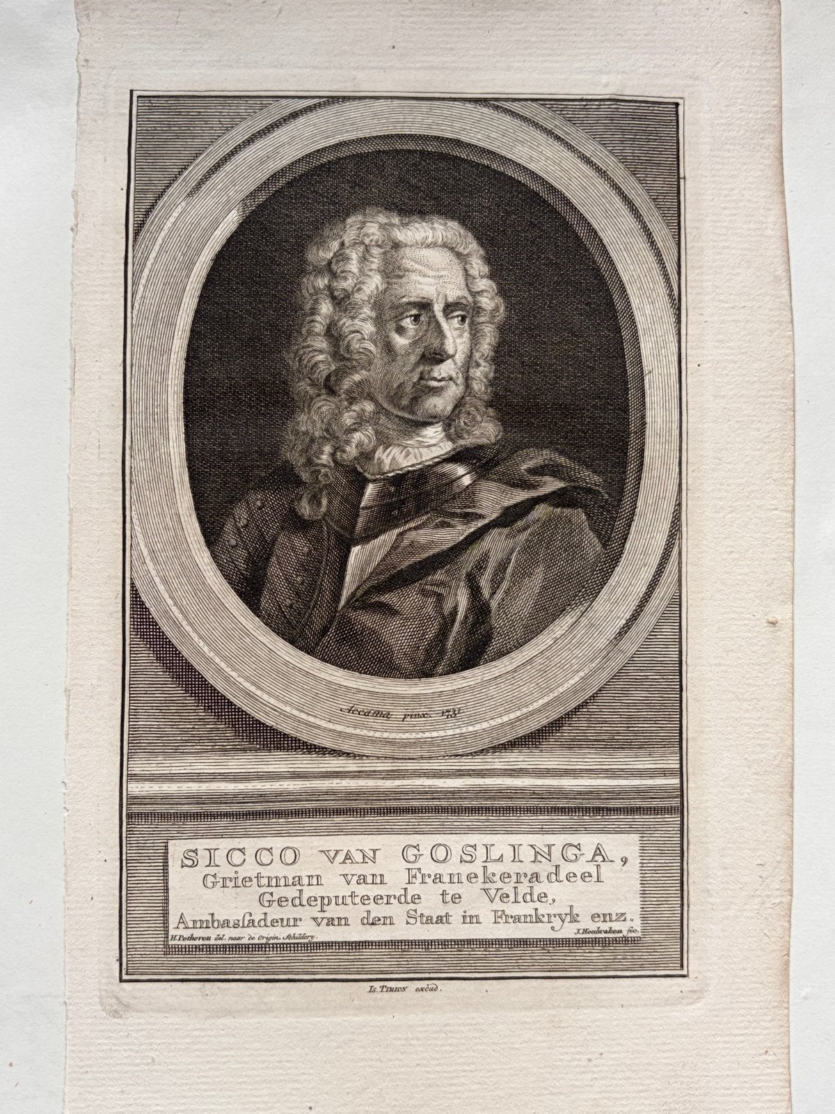 Gravure 1758 Sicco van Goslinga - Grietman Franekeradeel, Ophalen of Verzenden, Gravure, Met tekst, 11 cm