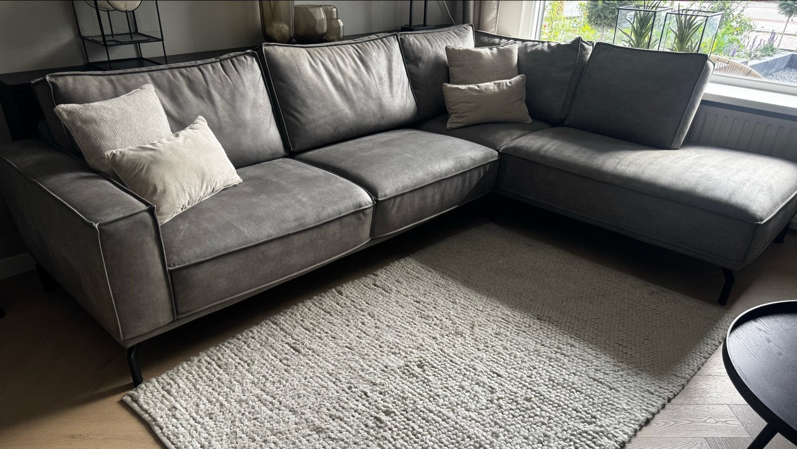 Hoekbank Alburg + fauteuil Algoso - Bull grey 65, Ophalen, 250 tot 300 cm, Gebruikt, Hoekbank
