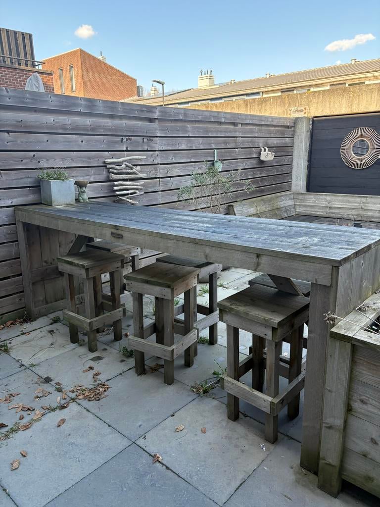 Steigerhouten buiten tafel met krukken - Vanlonden, Ophalen, Gebruikt