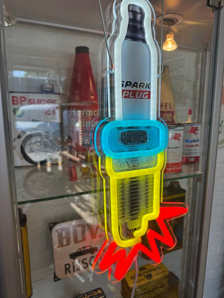 Vintage Neon Bougie Reclamebord - Spark Plug, Verzamelen, Ophalen, ., Lichtbak of (neon) lamp, Zo goed als nieuw