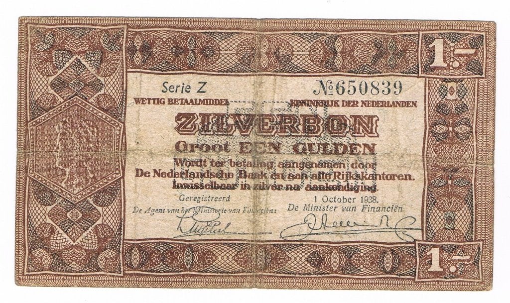 1 gulden zilverbon 1 oktober 1938, Verzenden, 1 gulden, Los biljet