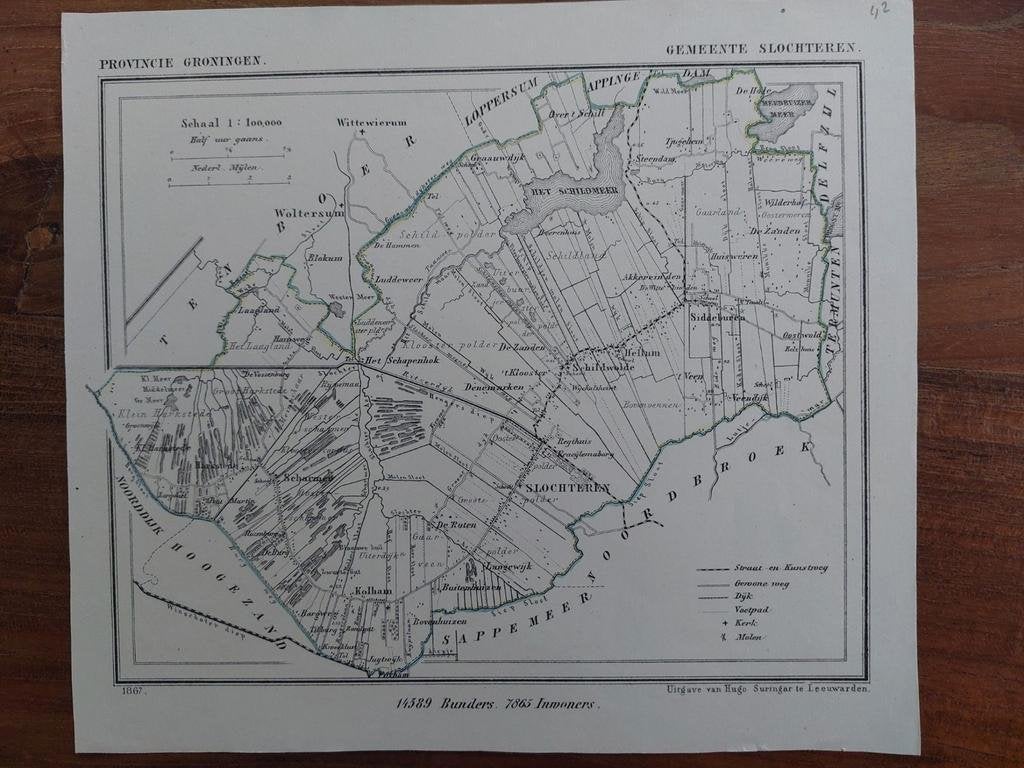 42 / Slochteren Kolham Schildmeer Litho uit 1867 J. Kuyper, Antiek en Kunst, Ophalen of Verzenden