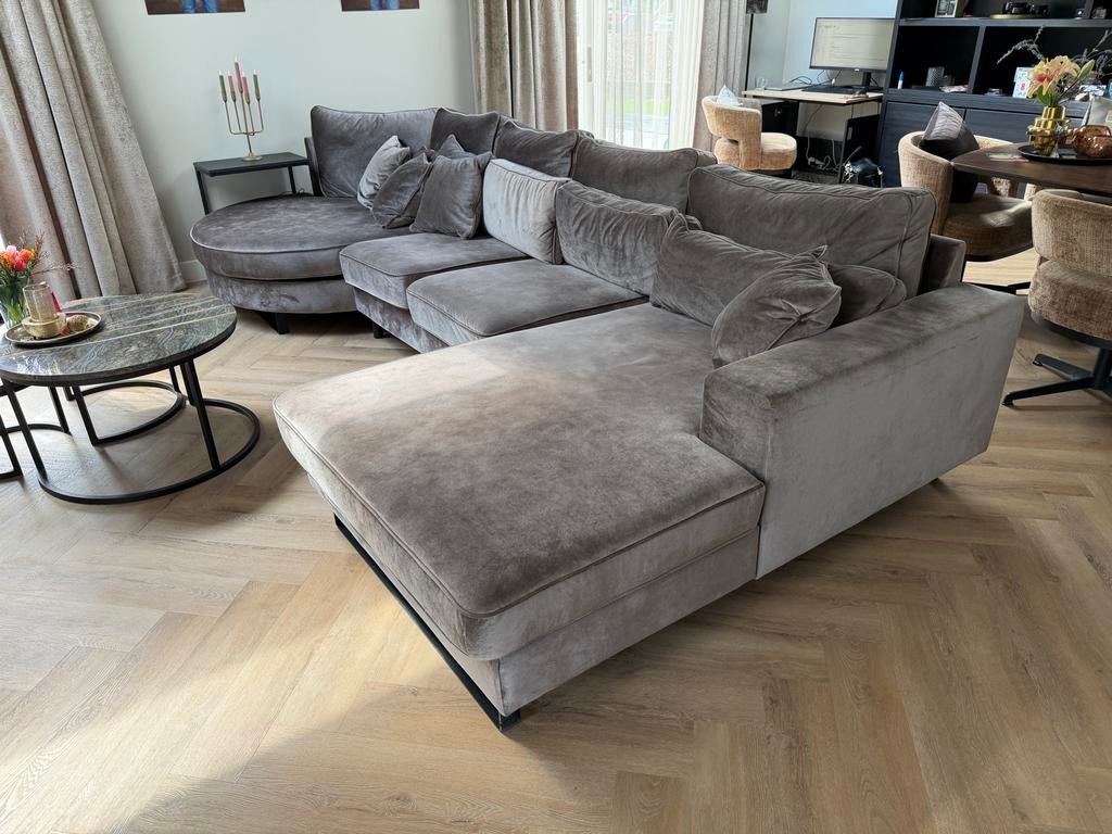 Luxe Grijze Hoekbank met Chaise Longue velvet, Ophalen of Verzenden, Nieuw, Stof
