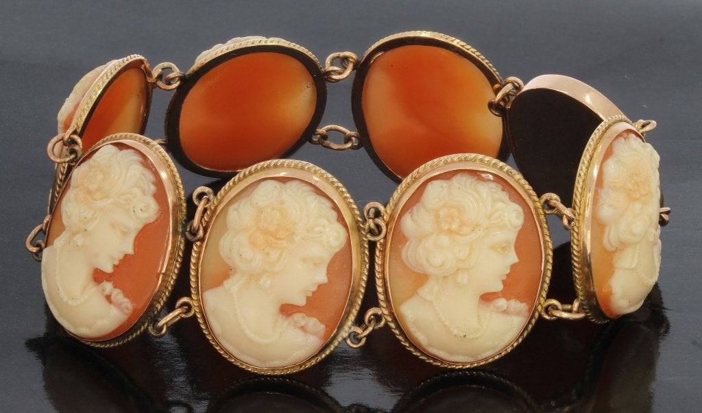 Camee antieke 14k gouden fraaie armband dames uniek schelp, Ophalen of Verzenden, Goud, Armband, Met edelsteen