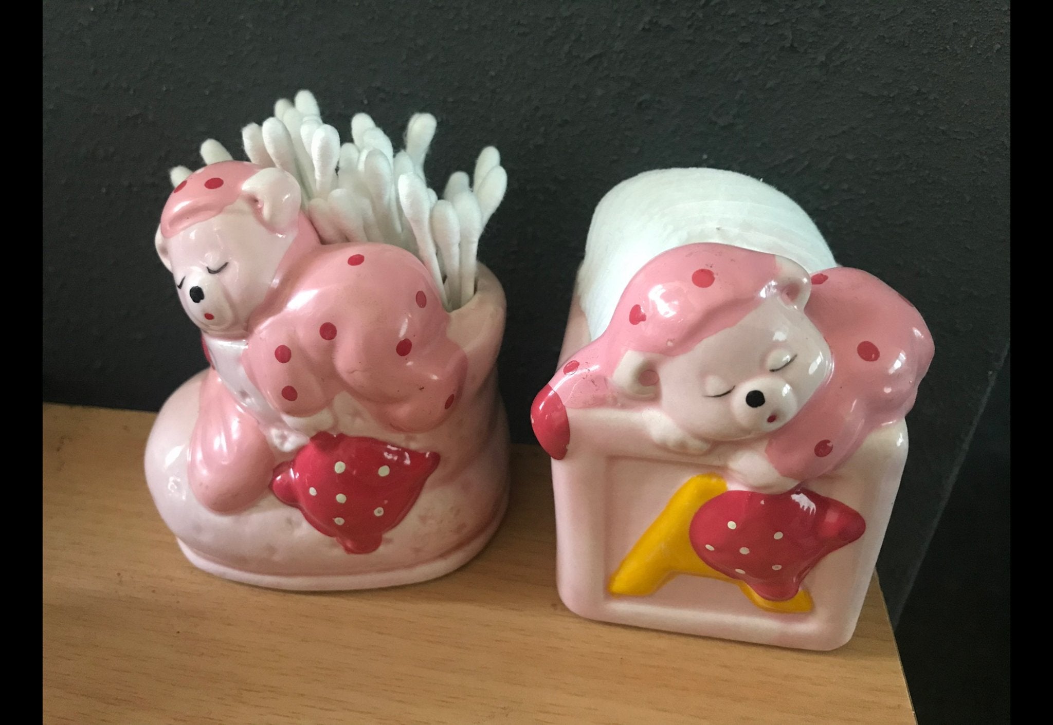 Schattige roze beertjes houders voor wattenstaafjes/pads, Ophalen, Gebruikt, Overige stijlen, Roze