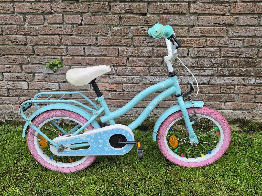 Meisjesfiets 16 inch, Ophalen, Terugtraprem, Zijwieltjes, Amigo
