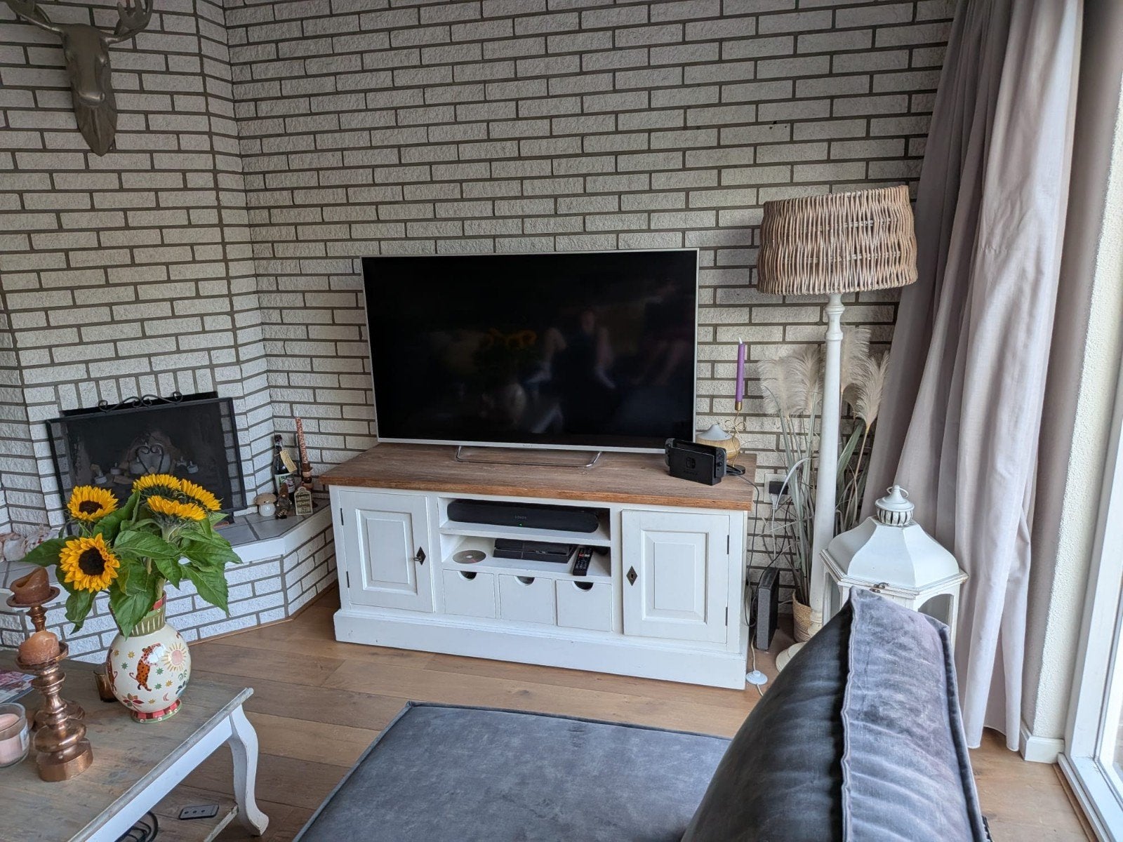 Landelijk tv-meubel wit met houten blad, Ophalen, Gebruikt, 50 tot 75 cm, Minder dan 100 cm