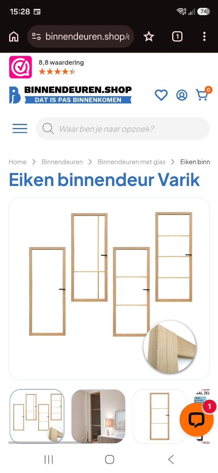 Eiken binnendeur Varik met glas 231.5 x 930, 80 tot 100 cm, 215 cm of meer, Binnendeur, Nieuw