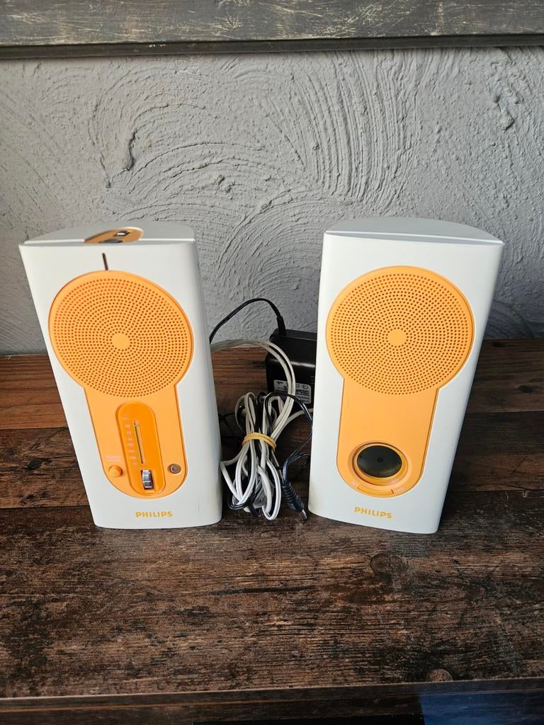 Vintage Philips 2.0 Luidsprekerset - Wit/Oranje, Ophalen of Verzenden, Gebruikt, Audiokanaal 2, Philips
