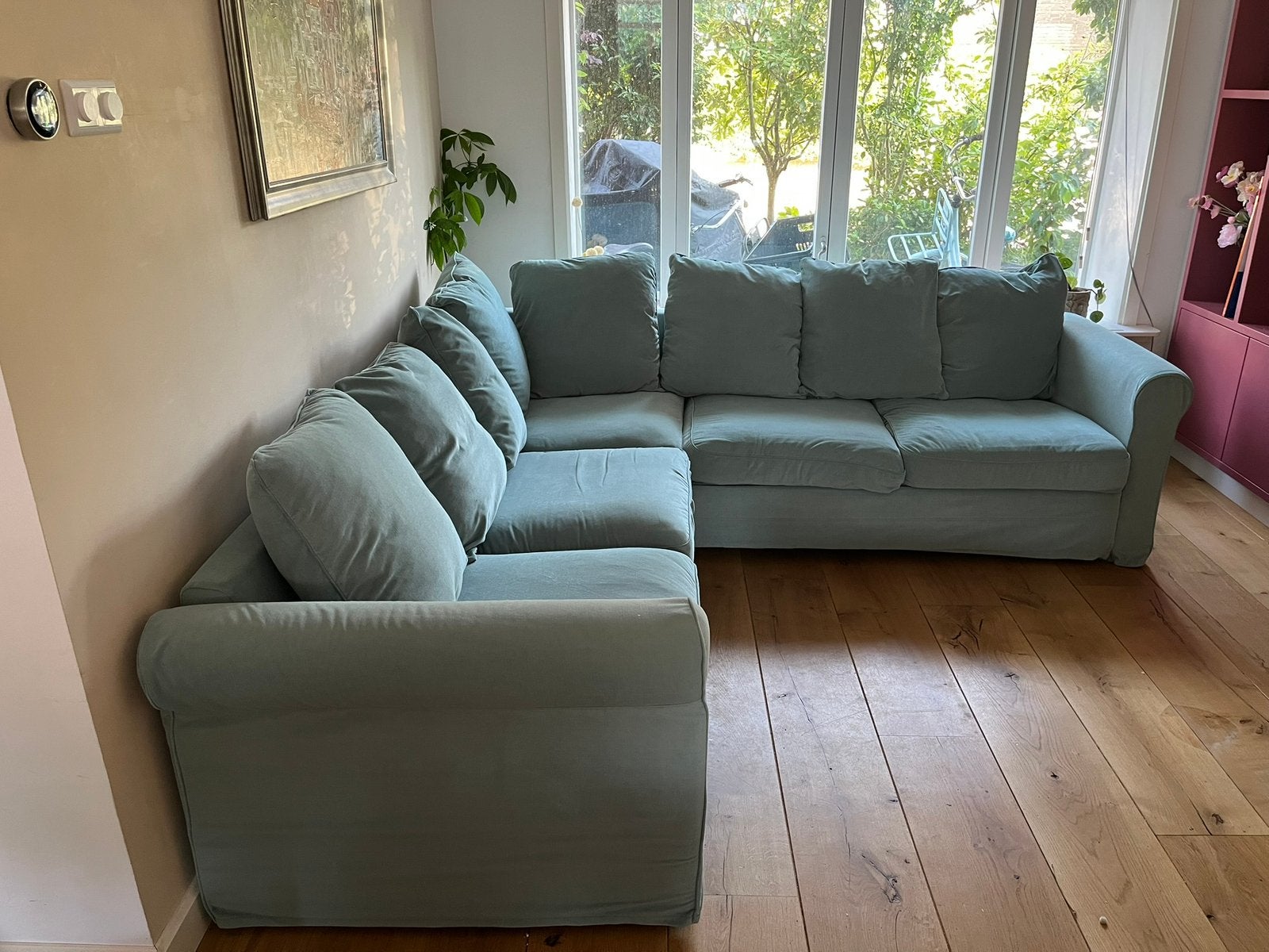 Hoekbank 4-zits lichtgroen IKEA GRÖNLID incl. 2 extra kussen, Ophalen, 250 tot 300 cm, 100 tot 125 cm, Hoekbank