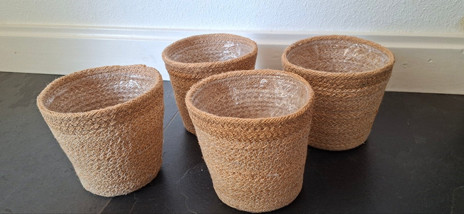 Set van 4 jute bloempotten met plastic binnenvoering, Ophalen, Gebruikt, Rond, Overige materialen