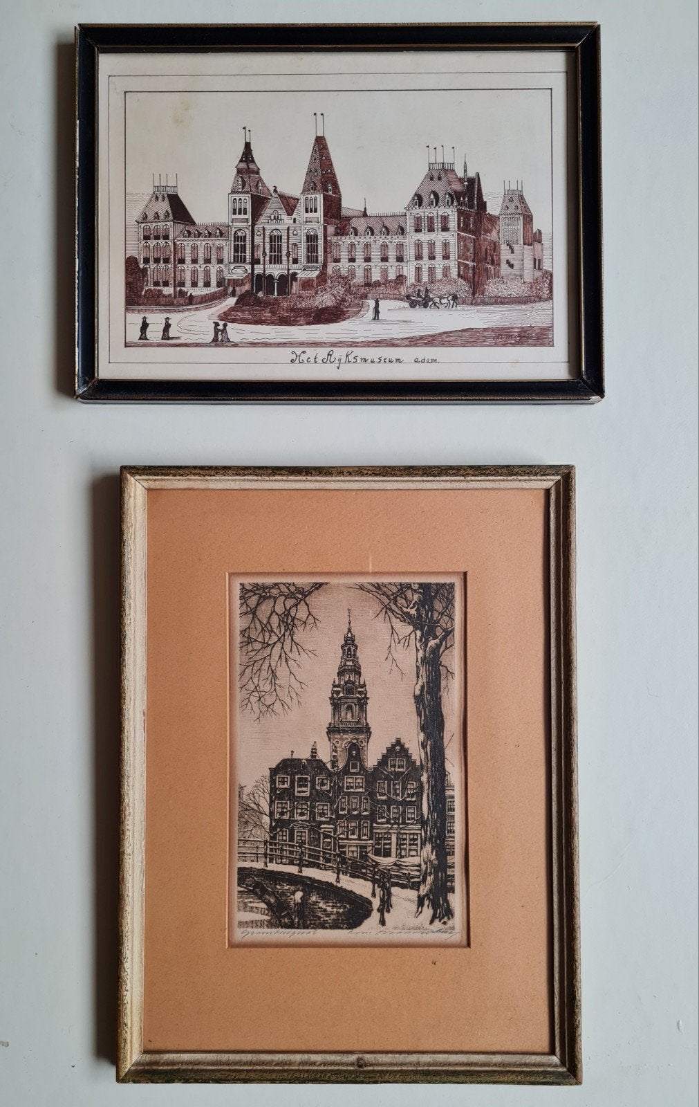 Pentekening Amsterdam 2 stuks Rijksmuseum, Ophalen of Verzenden, Schilderij, Pentekening, Gesigneerd
