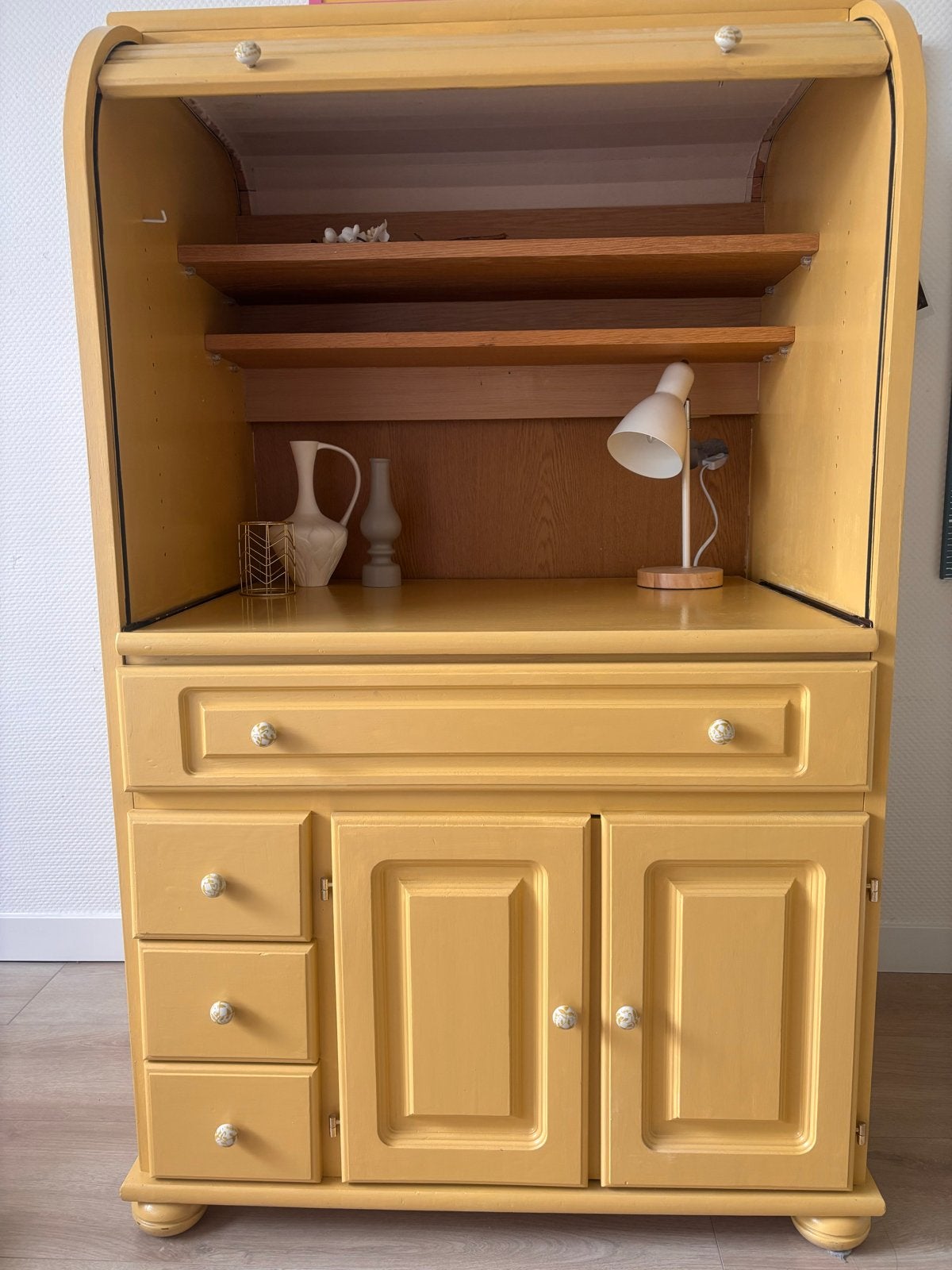Vintage secretaire Rolltop Bureau - Okergeel, Ophalen, Gebruikt