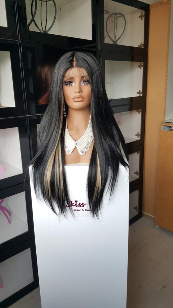 Basic Lace Pruik: Zwart met Blonde plukken, Stijl, Ophalen of Verzenden, Nieuw, Pruik of Haarverlenging